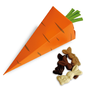Cornet carotte orange avec assortiment de chocolats noir, lait, blanc, blond, 20 pièces